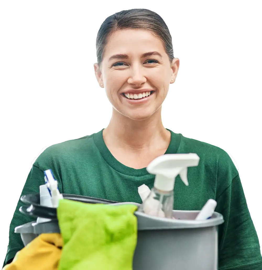 Woman holding cleaning service tools