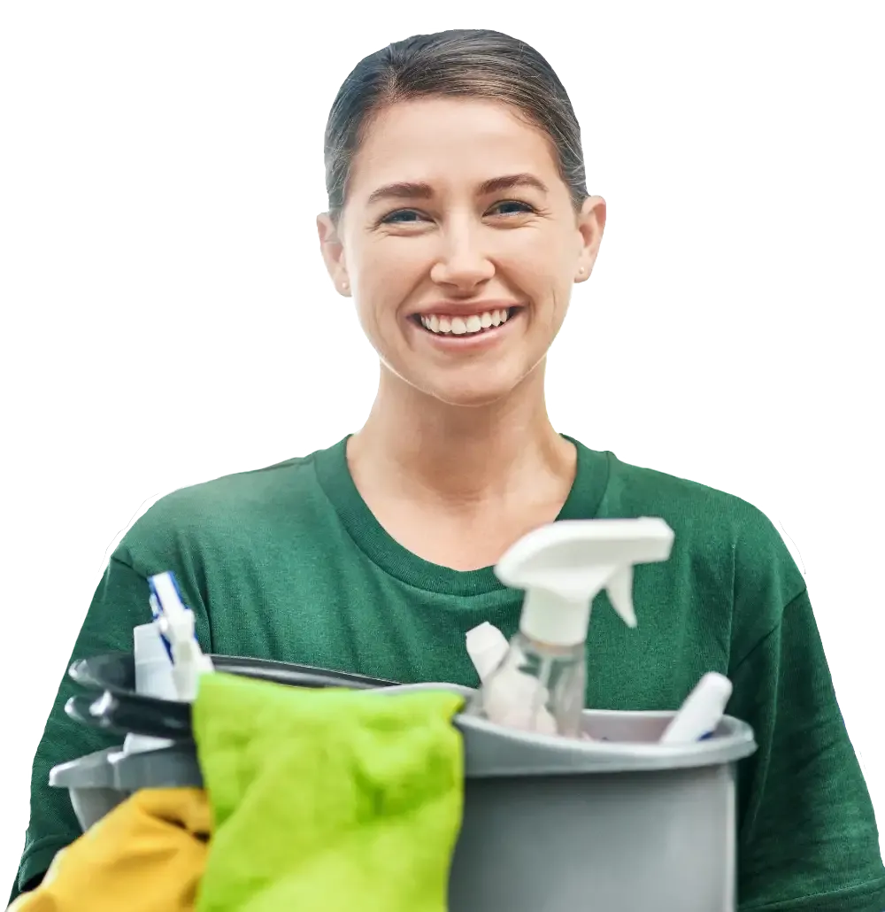Woman holding cleaning service tools